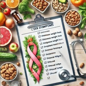 A checklist of cancer symptoms with a stethoscope and healthy foods, emphasizing prevention and early detection
