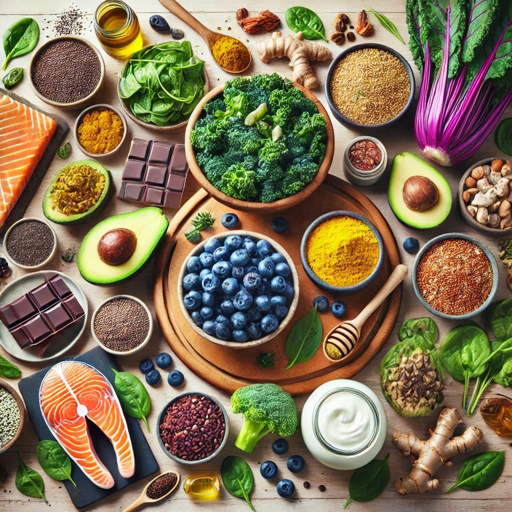 A colorful display of superfoods including kale, blueberries, and quinoa.