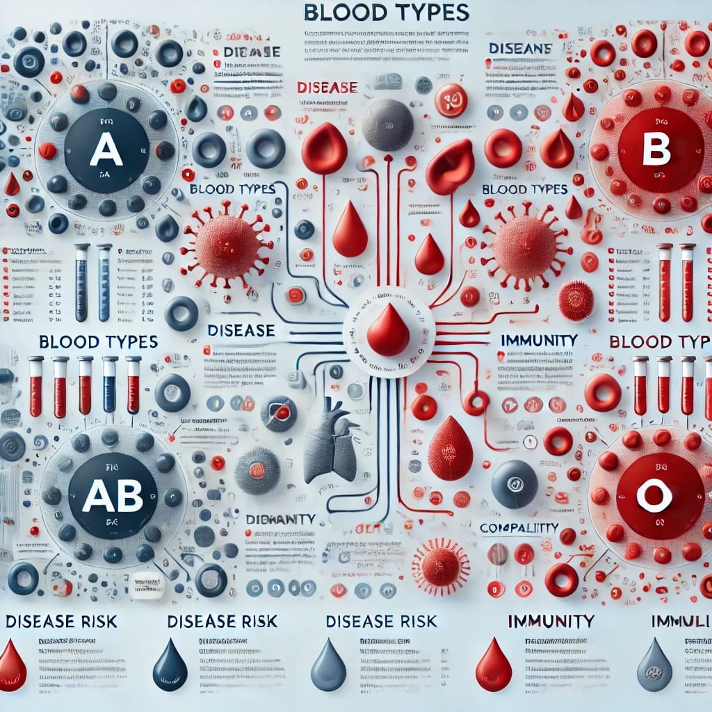 Illustration showing different blood types and their health implications.