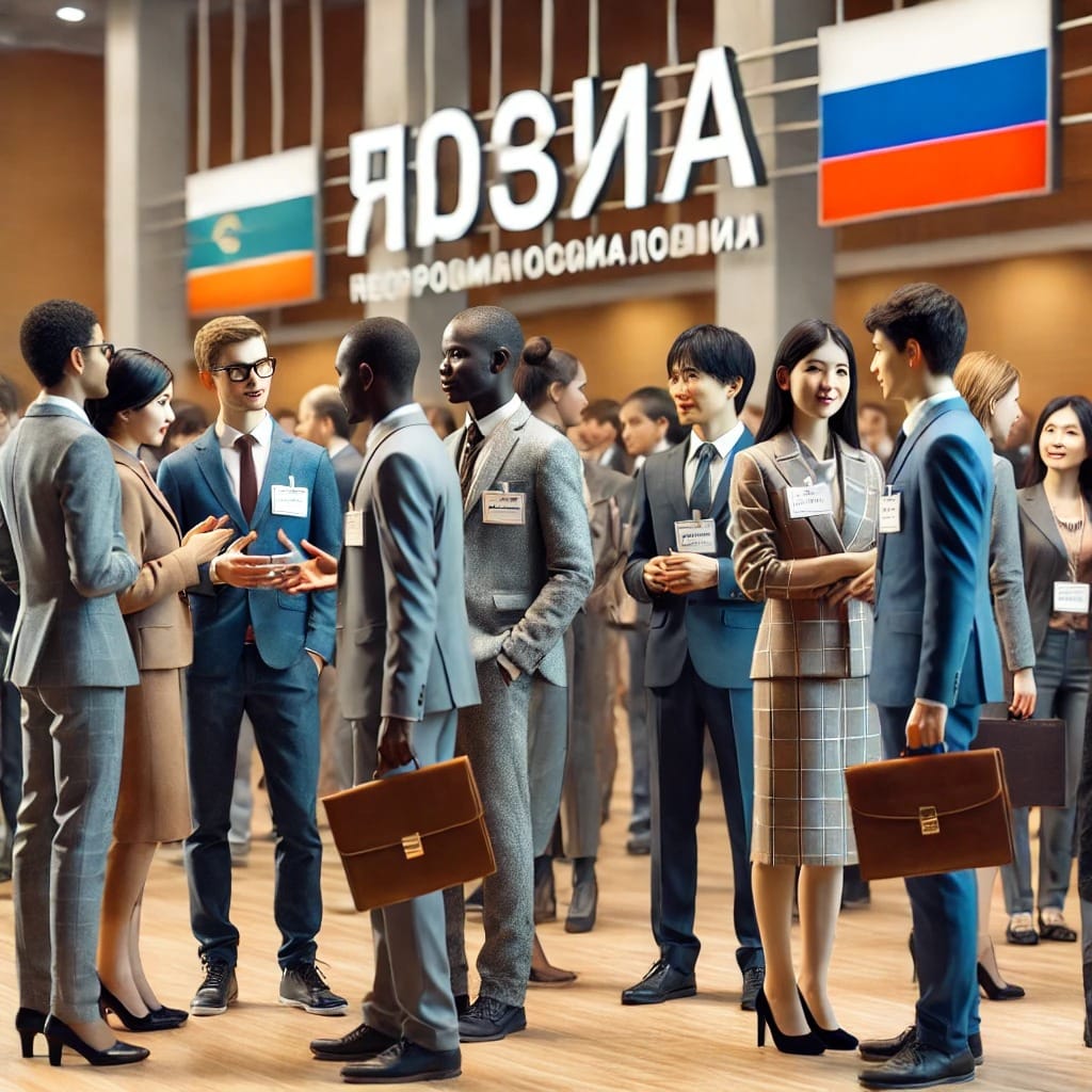 International students networking at a professional event in Russia.