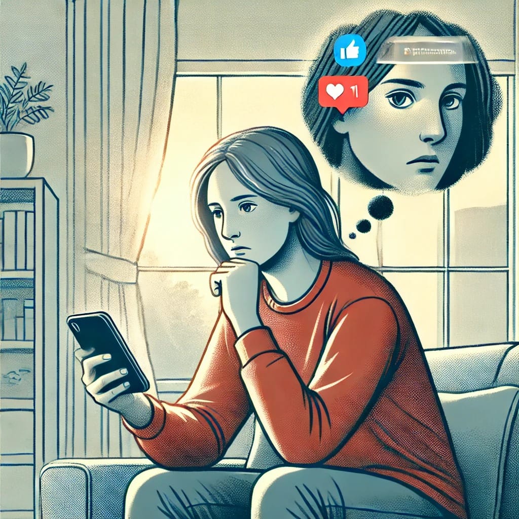 "An illustration of a person using social media on a smartphone, appearing thoughtful about its impact on mental health."