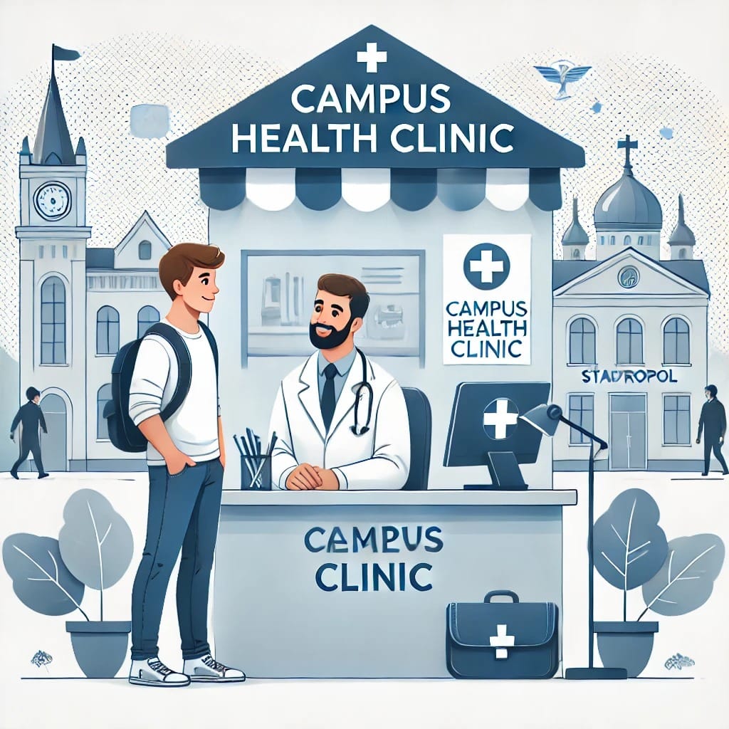 An illustration of a student visiting a campus (Stavropol) health clinic, symbolizing affordable healthcare options